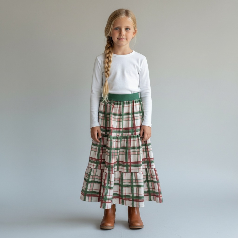 Skirt Flannel Girl 10/12 Green Plaid Ruffle Tier 100% Cotton Mom and Pop's Kids‎